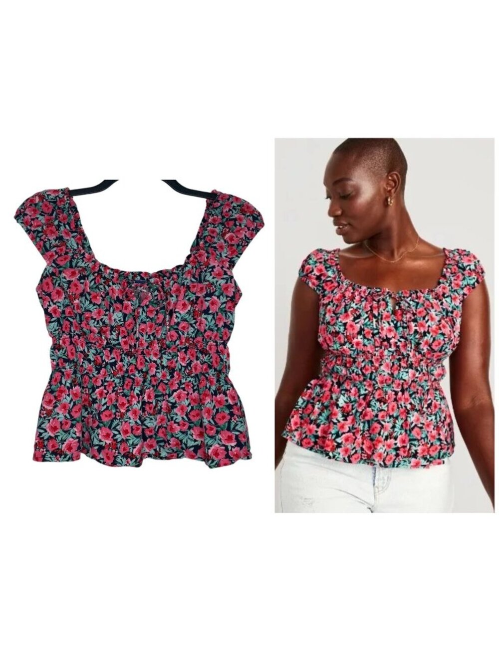 Old Navy Womens Floral Top Medium Smocked Tie-Front Cap Sleeve Elastic